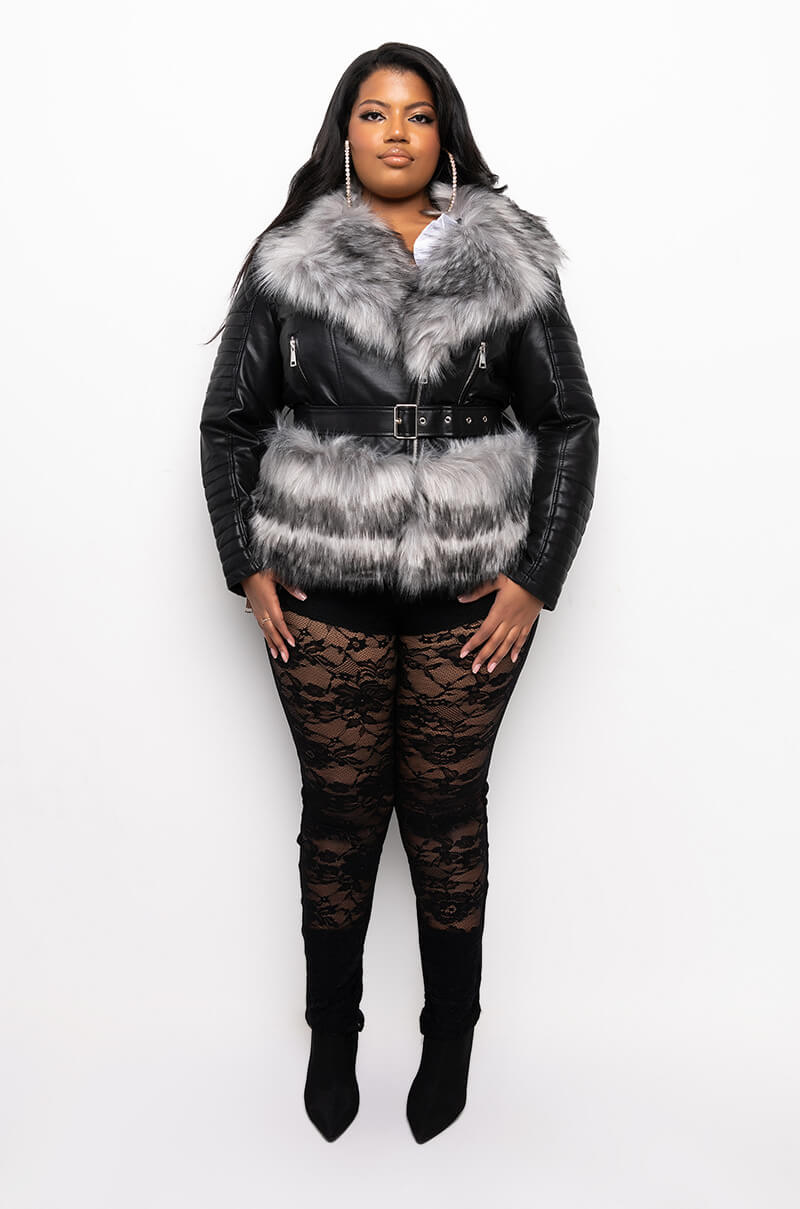 PLUS AZALEA WANG WAIST LINED FUR MOTO JACKET