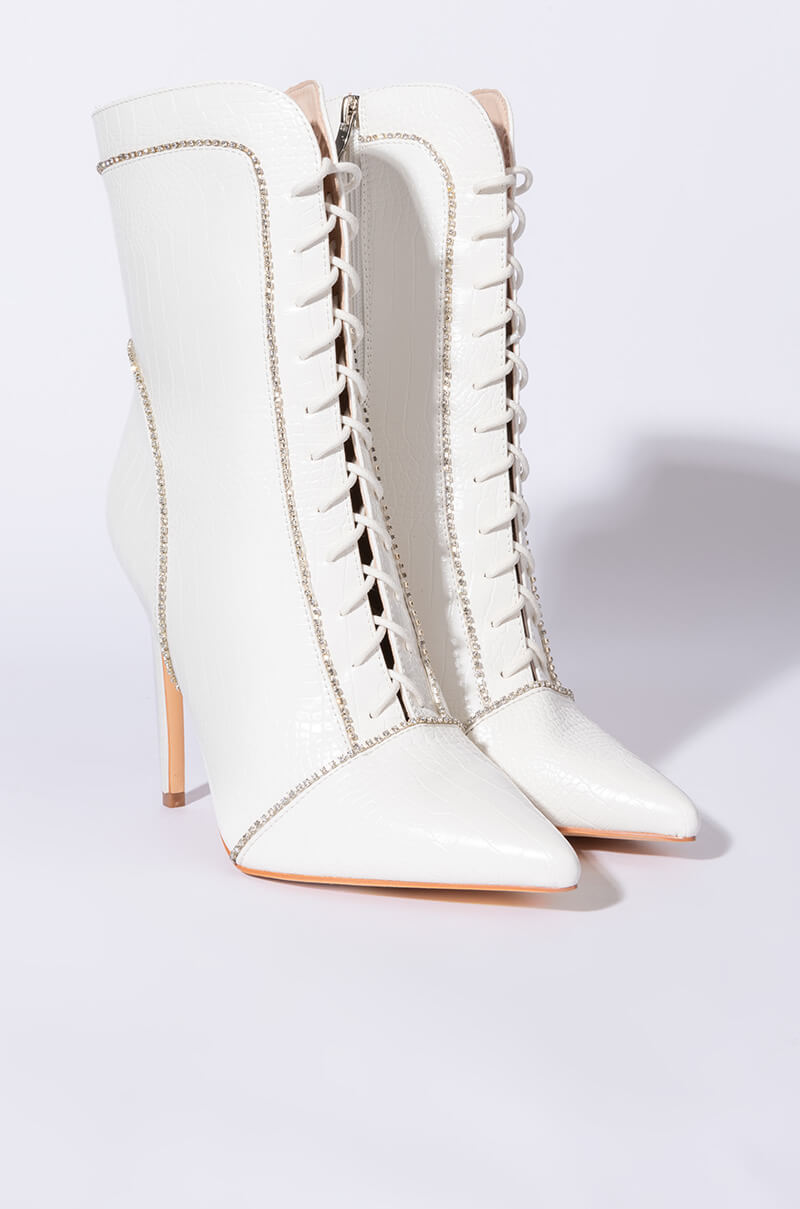 AZALEA WANG NIGHTS IN VEGAS STILETTO BOOTIE IN WHITE CROC