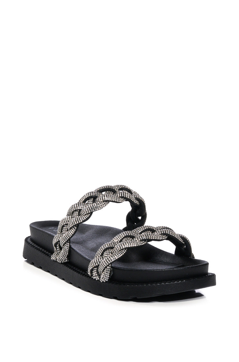 AZALEA WANG NIKOLINA EMBELLISHED FLAT SLIP ON SANDAL IN BLACK