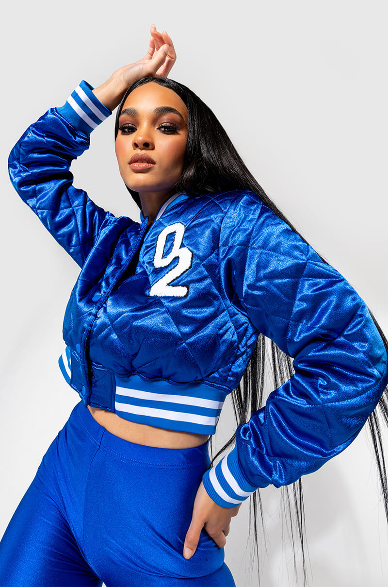 NO CAP CROPPED SATIN VARSITY BOMBER