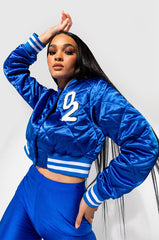 NO CAP CROPPED SATIN VARSITY BOMBER