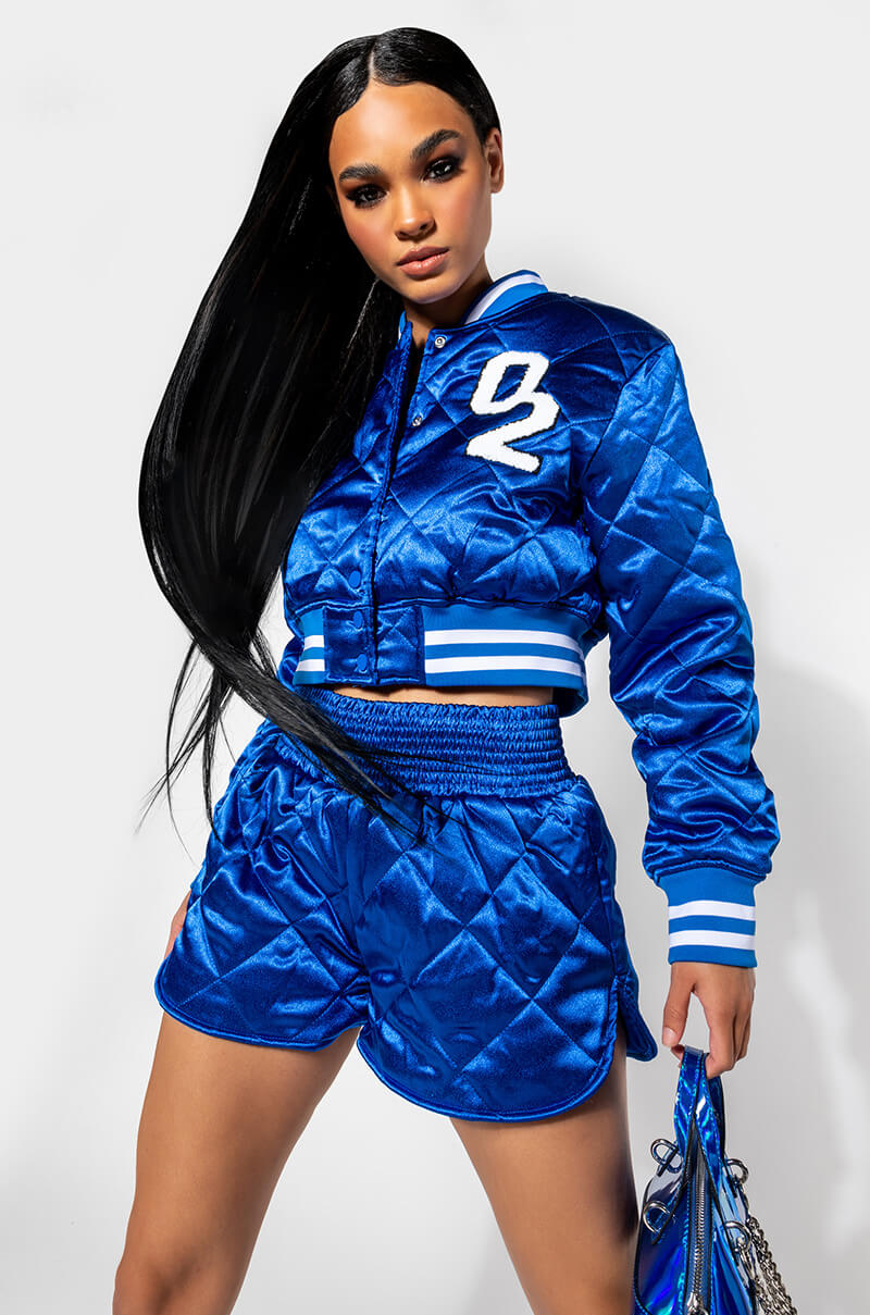 NO CAP CROPPED SATIN VARSITY BOMBER