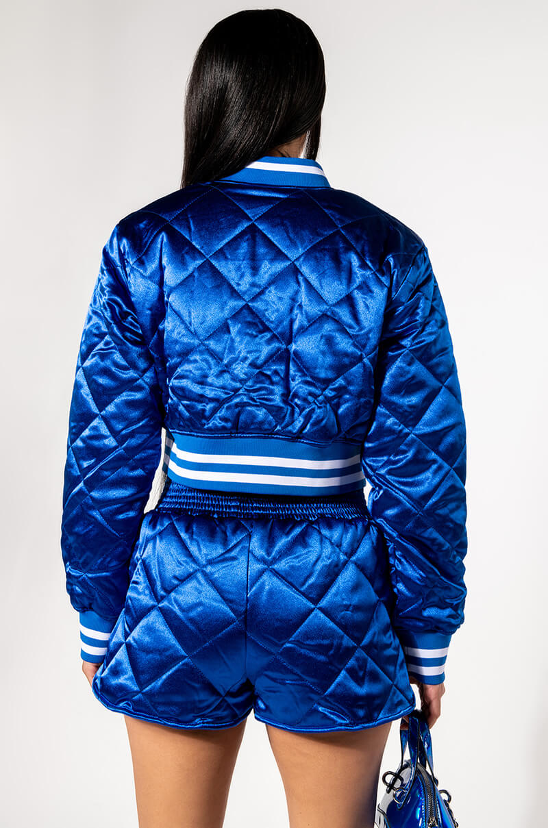 NO CAP CROPPED SATIN VARSITY BOMBER