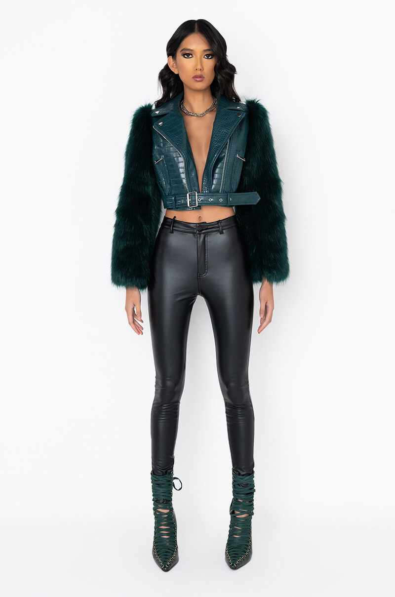 AZALEA WANG NOLLA FAUX FUR ARMS CROC MOTO JACKET