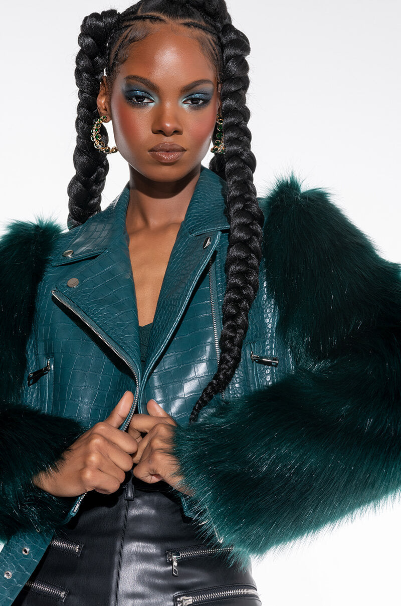 AZALEA WANG NOLLA FAUX FUR ARMS CROC MOTO JACKET