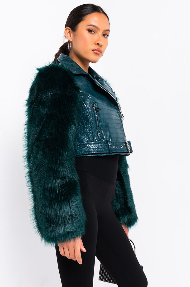 AZALEA WANG NOLLA FAUX FUR ARMS CROC MOTO JACKET
