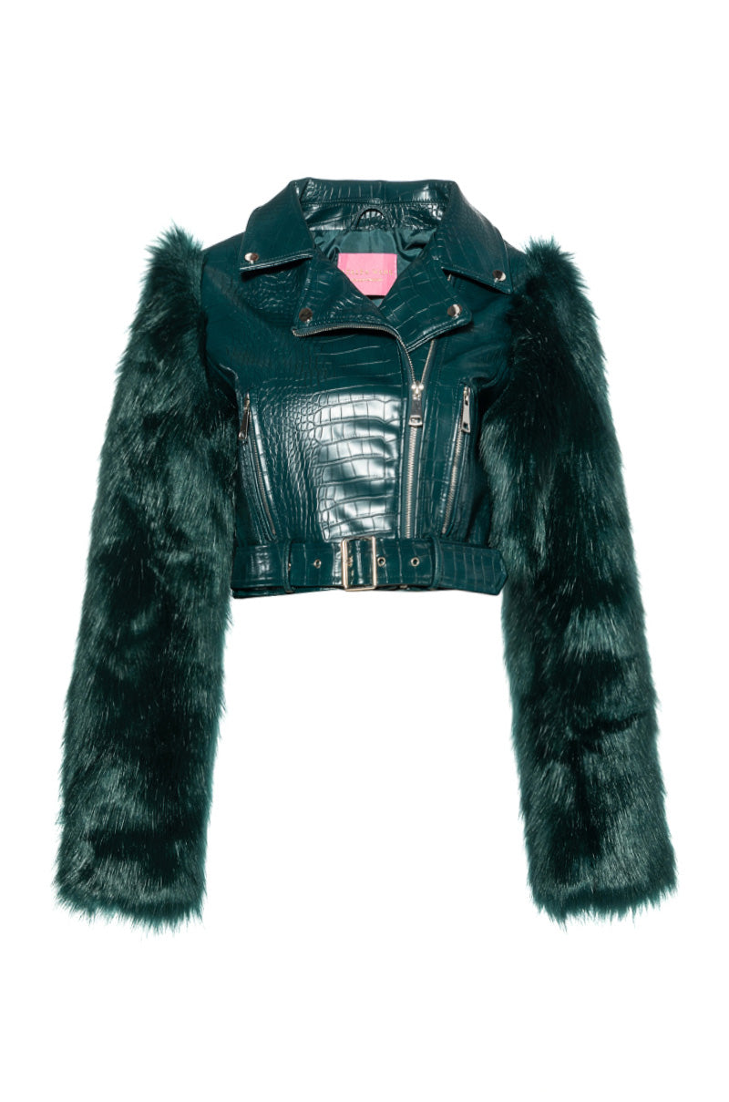 AZALEA WANG NOLLA FAUX FUR ARMS CROC MOTO JACKET
