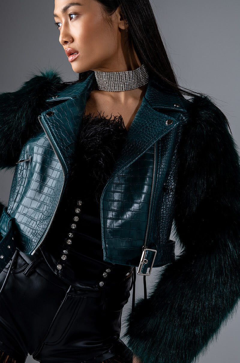 AZALEA WANG NOLLA FAUX FUR ARMS CROC MOTO JACKET