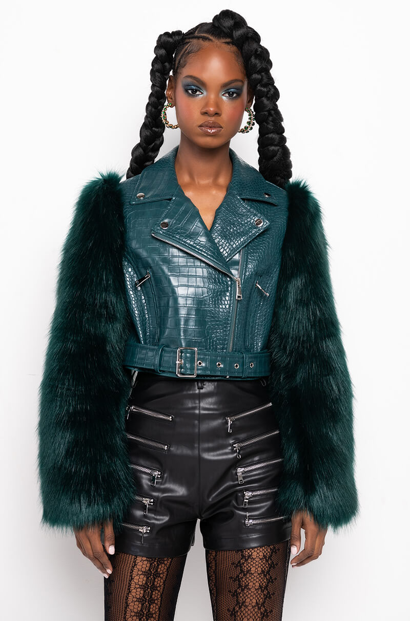 AZALEA WANG NOLLA FAUX FUR ARMS CROC MOTO JACKET