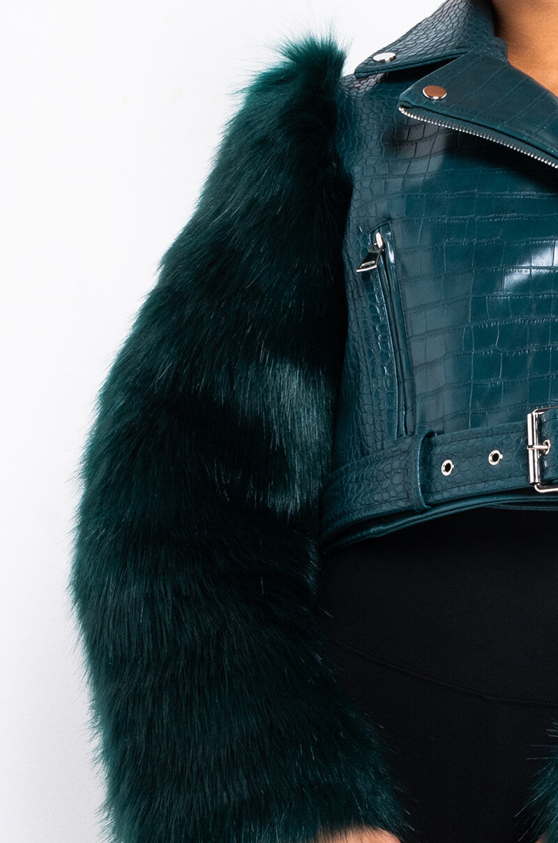 AZALEA WANG NOLLA FAUX FUR ARMS CROC MOTO JACKET