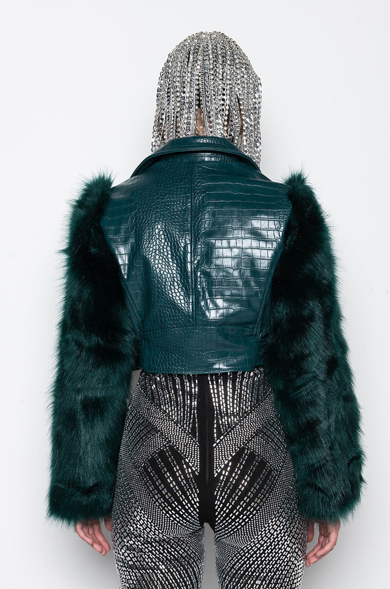 AZALEA WANG NOLLA FAUX FUR ARMS CROC MOTO JACKET