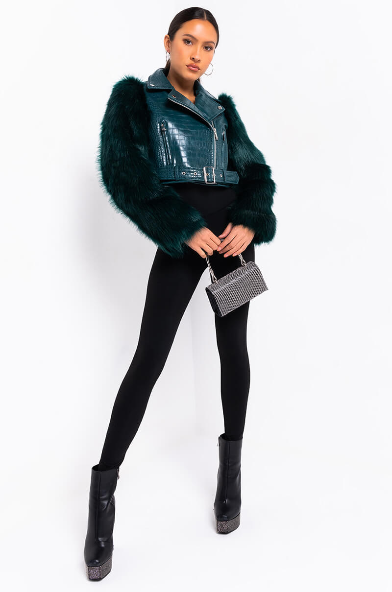 AZALEA WANG NOLLA FAUX FUR ARMS CROC MOTO JACKET