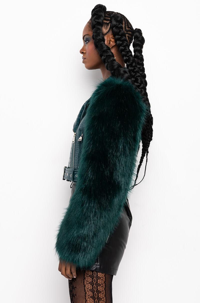 AZALEA WANG NOLLA FAUX FUR ARMS CROC MOTO JACKET