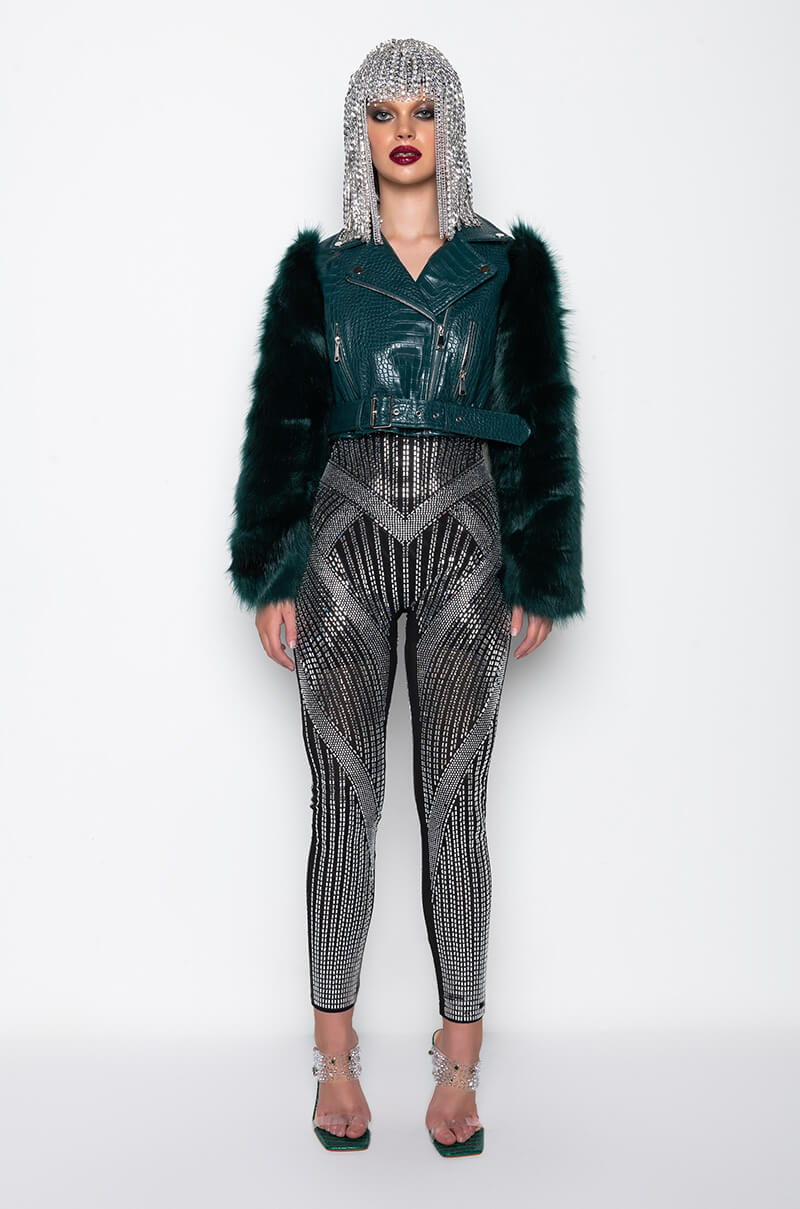 AZALEA WANG NOLLA FAUX FUR ARMS CROC MOTO JACKET