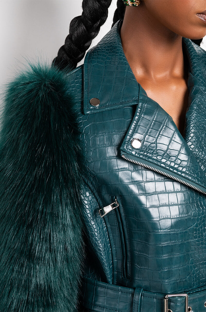 AZALEA WANG NOLLA FAUX FUR ARMS CROC MOTO JACKET