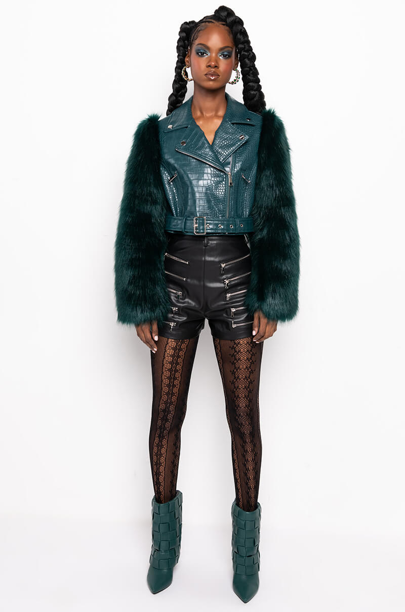 AZALEA WANG NOLLA FAUX FUR ARMS CROC MOTO JACKET