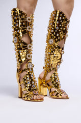 AZALEA WANG NORINNE GOLD EMBELLISHED GLADIATOR OPEN TOE SANDAL BOOT