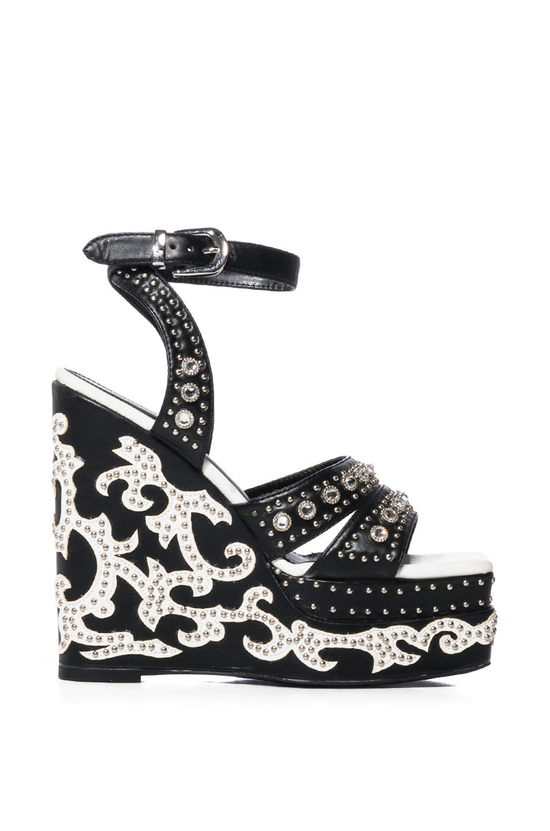 AZALEA WANG NUTMEG EMBELLISHED WEDGE HEEL SANDAL IN BLACK