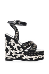 AZALEA WANG NUTMEG EMBELLISHED WEDGE HEEL SANDAL IN BLACK
