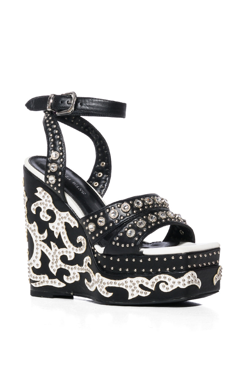 AZALEA WANG NUTMEG EMBELLISHED WEDGE HEEL SANDAL IN BLACK