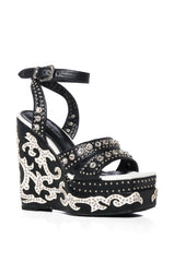 AZALEA WANG NUTMEG EMBELLISHED WEDGE HEEL SANDAL IN BLACK