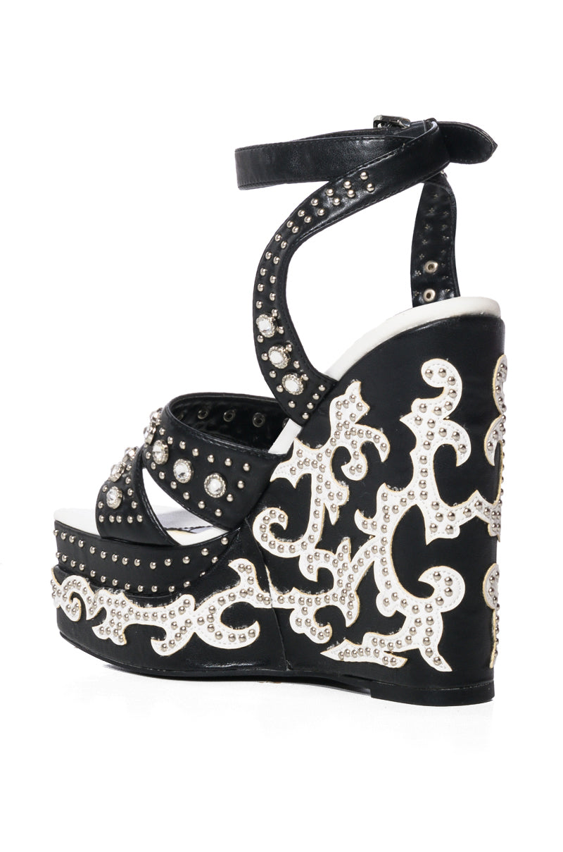 AZALEA WANG NUTMEG EMBELLISHED WEDGE HEEL SANDAL IN BLACK