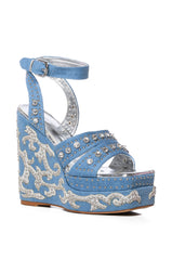 AZALEA WANG NUTMEG EMBELLISHED WEDGE HEEL SANDAL IN DENIM