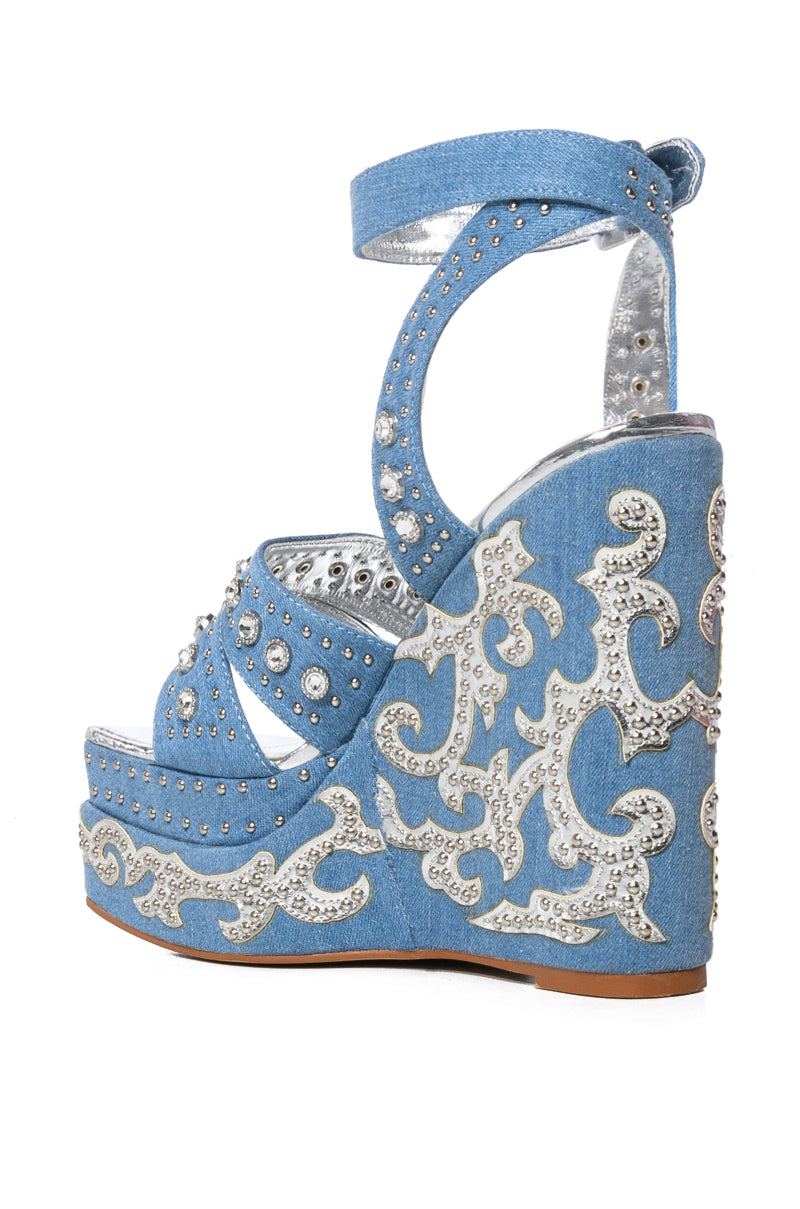 AZALEA WANG NUTMEG EMBELLISHED WEDGE HEEL SANDAL IN DENIM