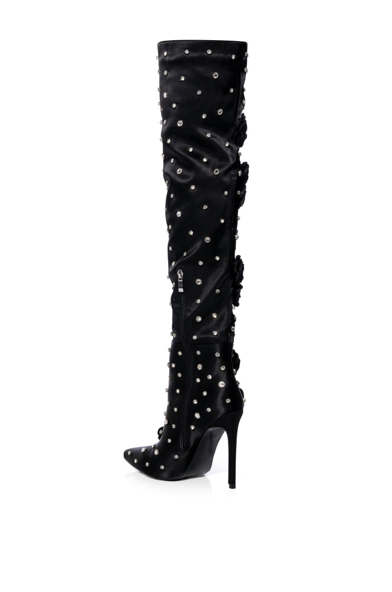 AZALEA WANG PATTI SATIN ROSE EMBELLISHED BOOT IN BLACK