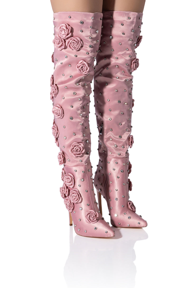 AZALEA WANG PATTIE EMBELLISHED SATIN BOOT IN PINK