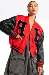 RIDER OF THE NIGHT OFF SHOULDER VARSITY BOMBER
