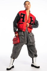 RIDER OF THE NIGHT OFF SHOULDER VARSITY BOMBER
