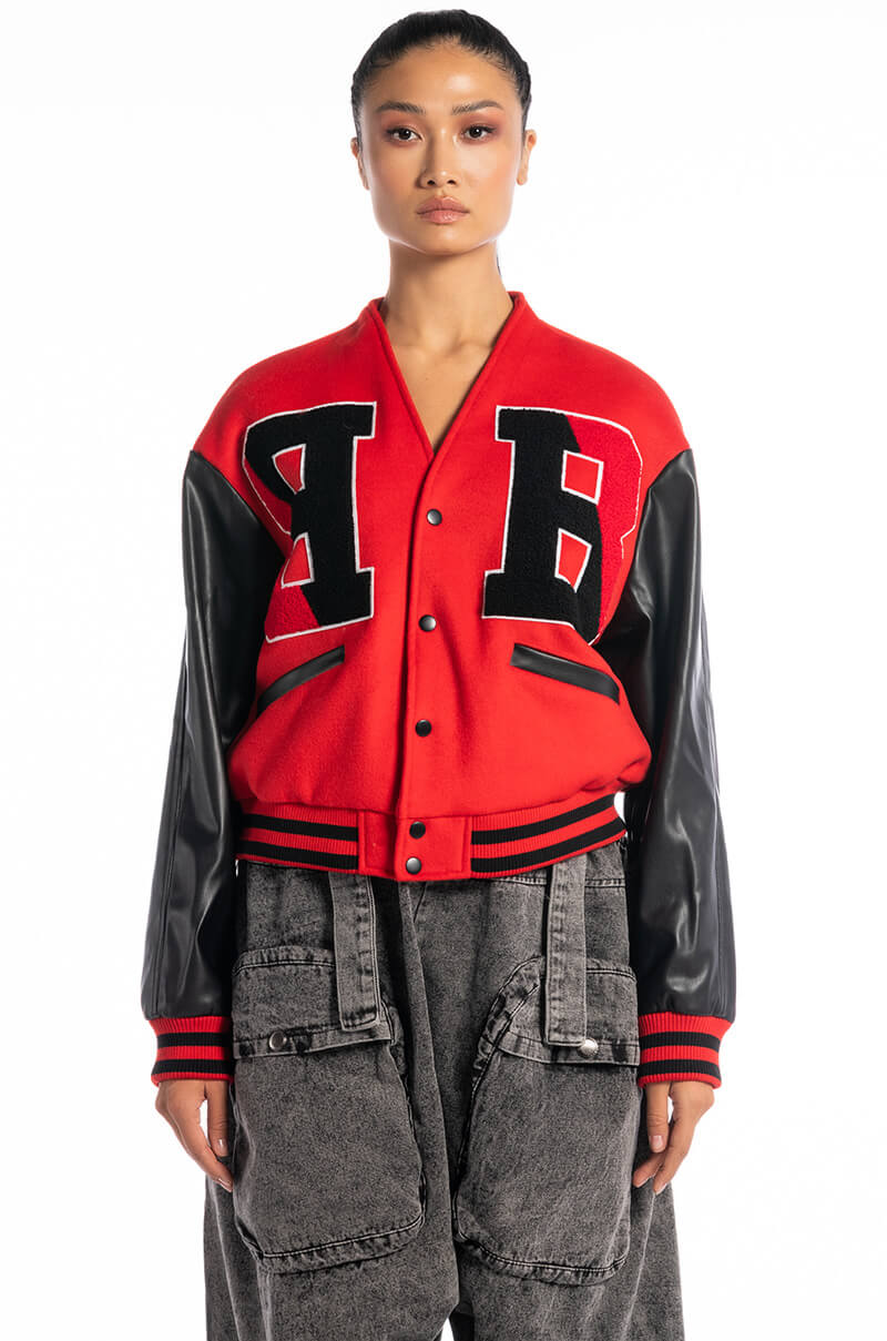 RIDER OF THE NIGHT OFF SHOULDER VARSITY BOMBER