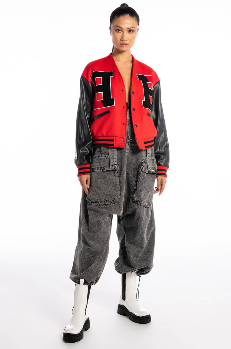 RIDER OF THE NIGHT OFF SHOULDER VARSITY BOMBER