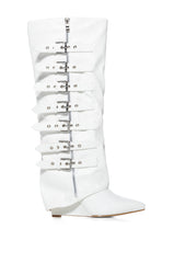 AZALEA WANG RISNA WHITE BUCKLE DETAIL WEDGE BOOT