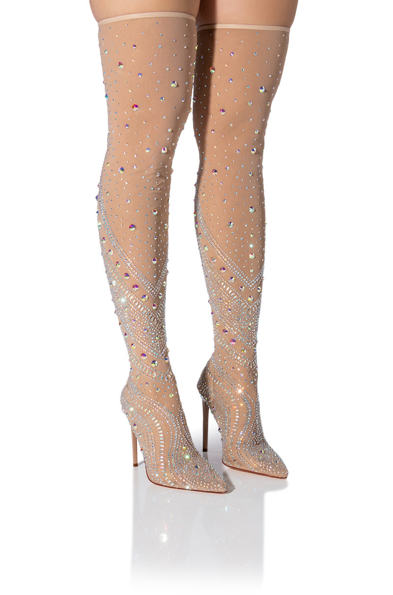 AZALEA WANG ROXY RHINESTONE THIGH HIGH STILETTO BOOT IN NUDE