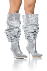 AZALEA WANG SEIRA SCRUNCHED METALLIC THIGH HIGH BOOT IN SILVER
