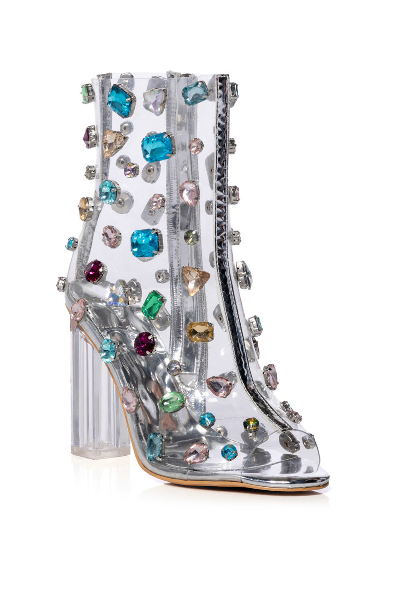 AZALEA WANG SHAYLEIGH EMBELLISHED PVC BOOTIE IN MULTI