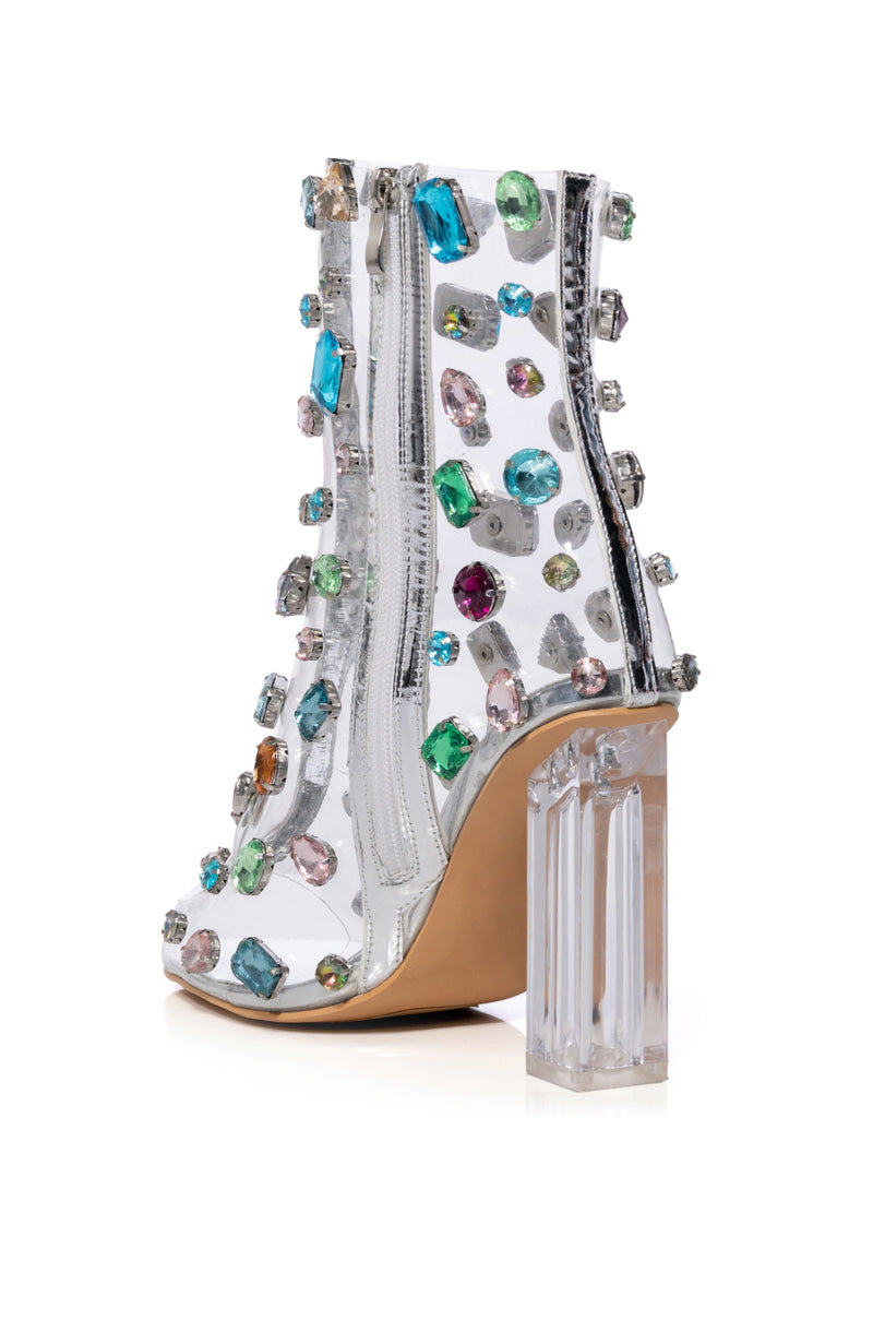 AZALEA WANG SHAYLEIGH EMBELLISHED PVC BOOTIE IN MULTI