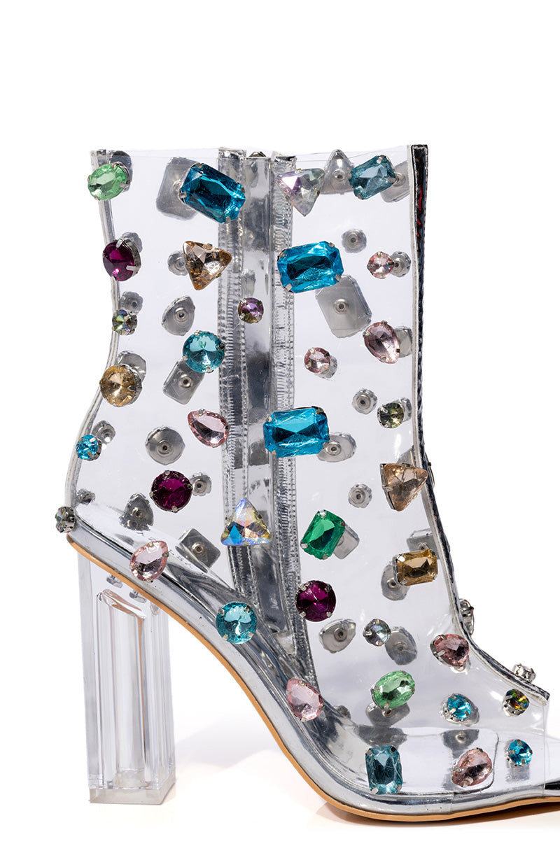 AZALEA WANG SHAYLEIGH EMBELLISHED PVC BOOTIE IN MULTI