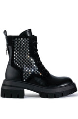 AZALEA WANG PHOEBE FLATFORM BLING COMBAT BOOT IN BLACK