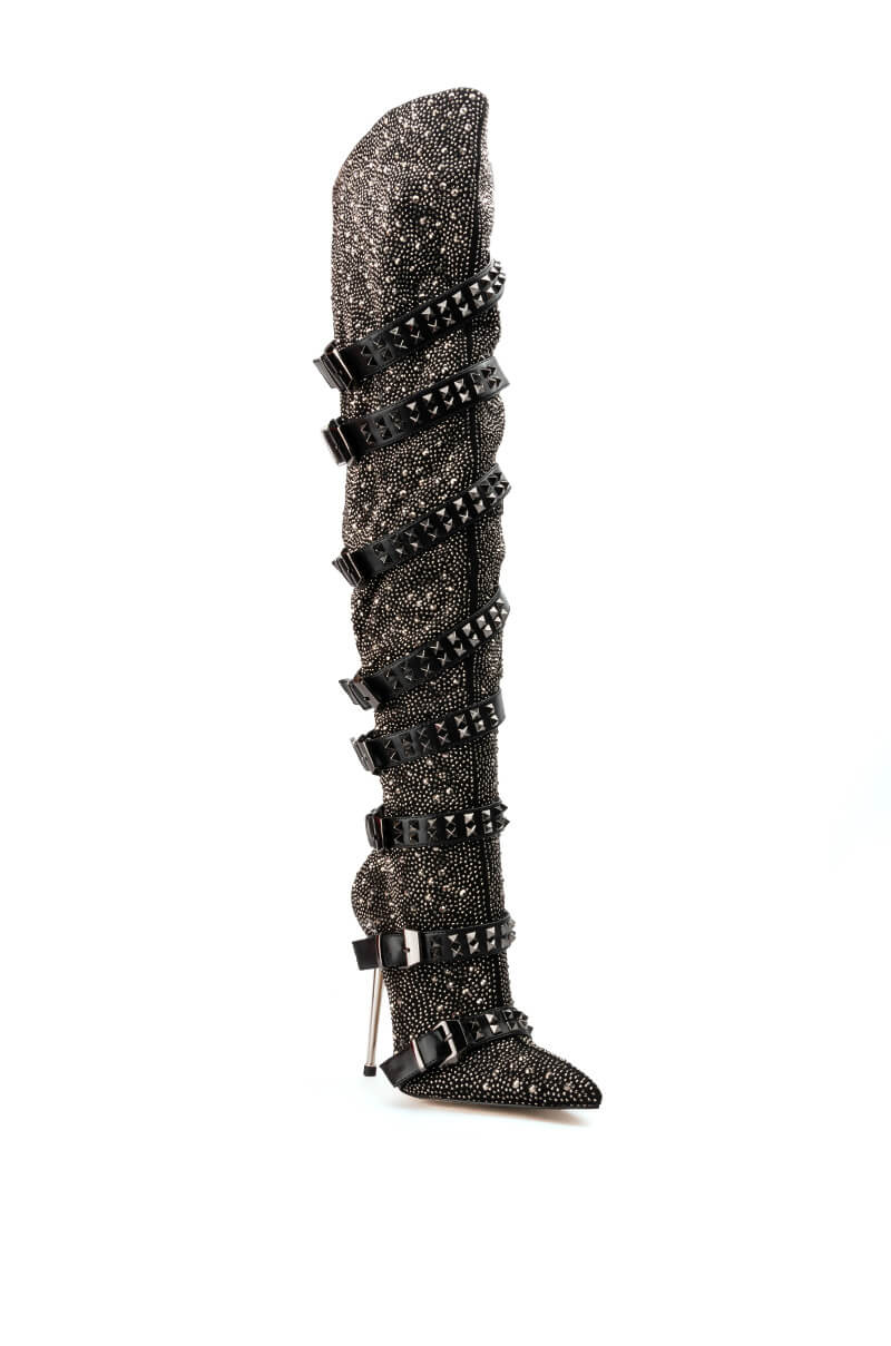 AZALEA WANG SUPERIOR THIGH HIGH RHINESTONE SPIKE STILETTO BOOT