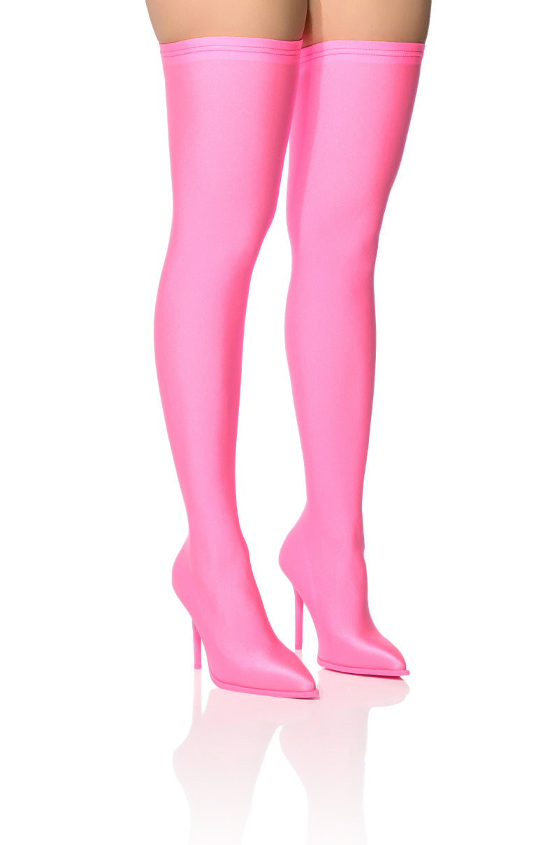 AZALEA WANG TRIXIE DISCO STRETCH STILETTO BOOT IN PINK
