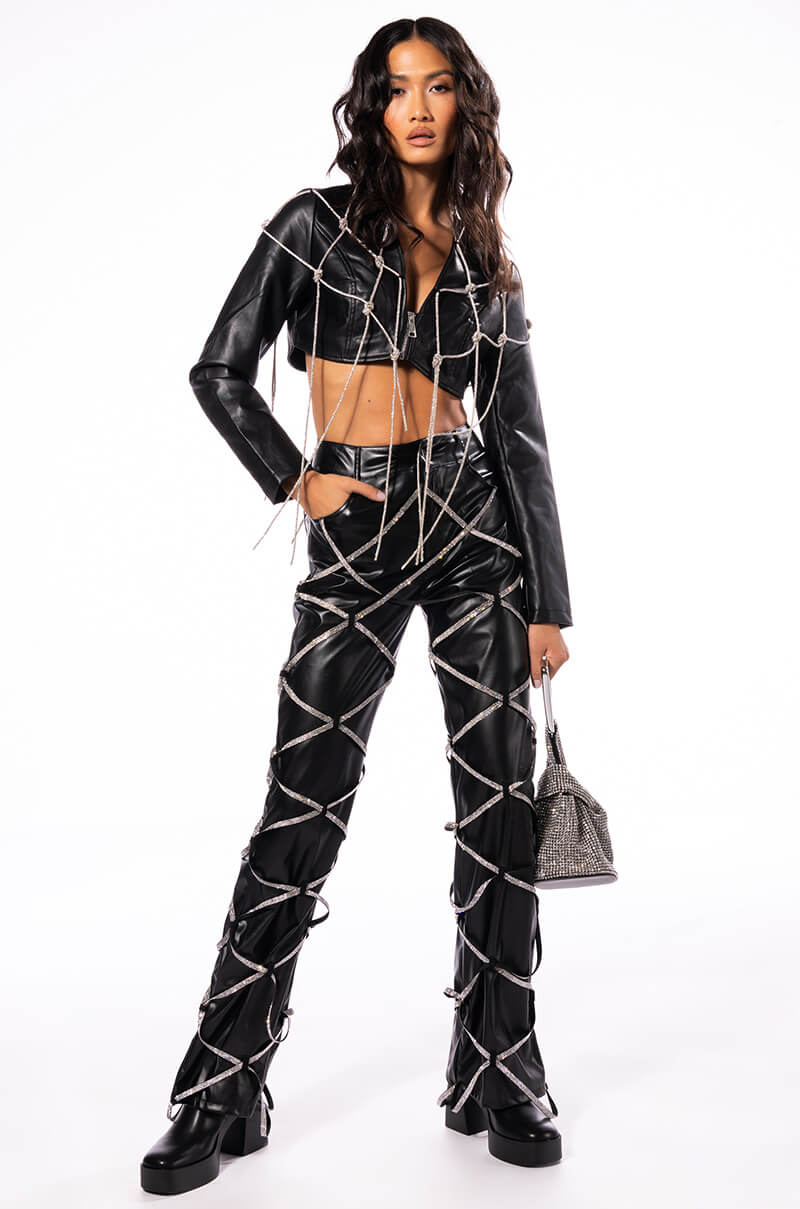 ULTRA CROP WHITE PU JACKET WITH RHINESTONES
