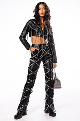 ULTRA CROP WHITE PU JACKET WITH RHINESTONES