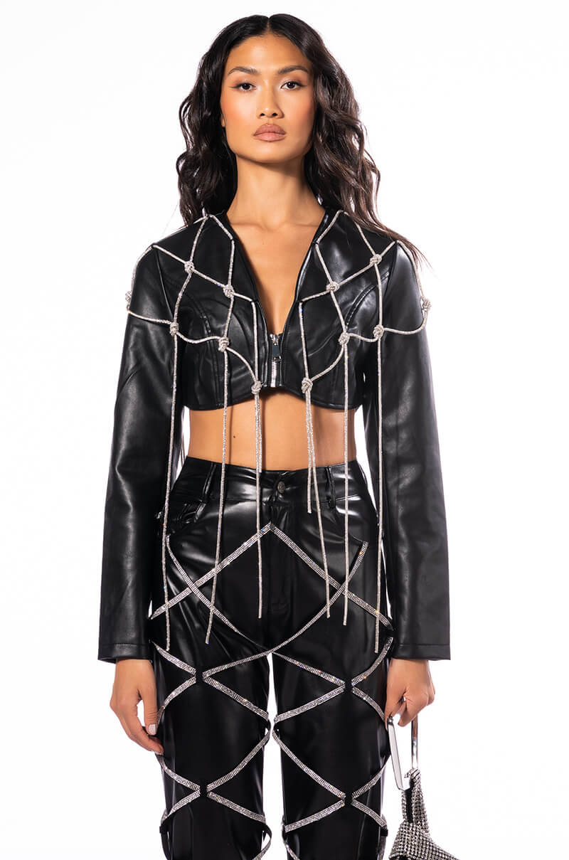 ULTRA CROP WHITE PU JACKET WITH RHINESTONES
