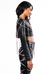 ULTRA CROP WHITE PU JACKET WITH RHINESTONES