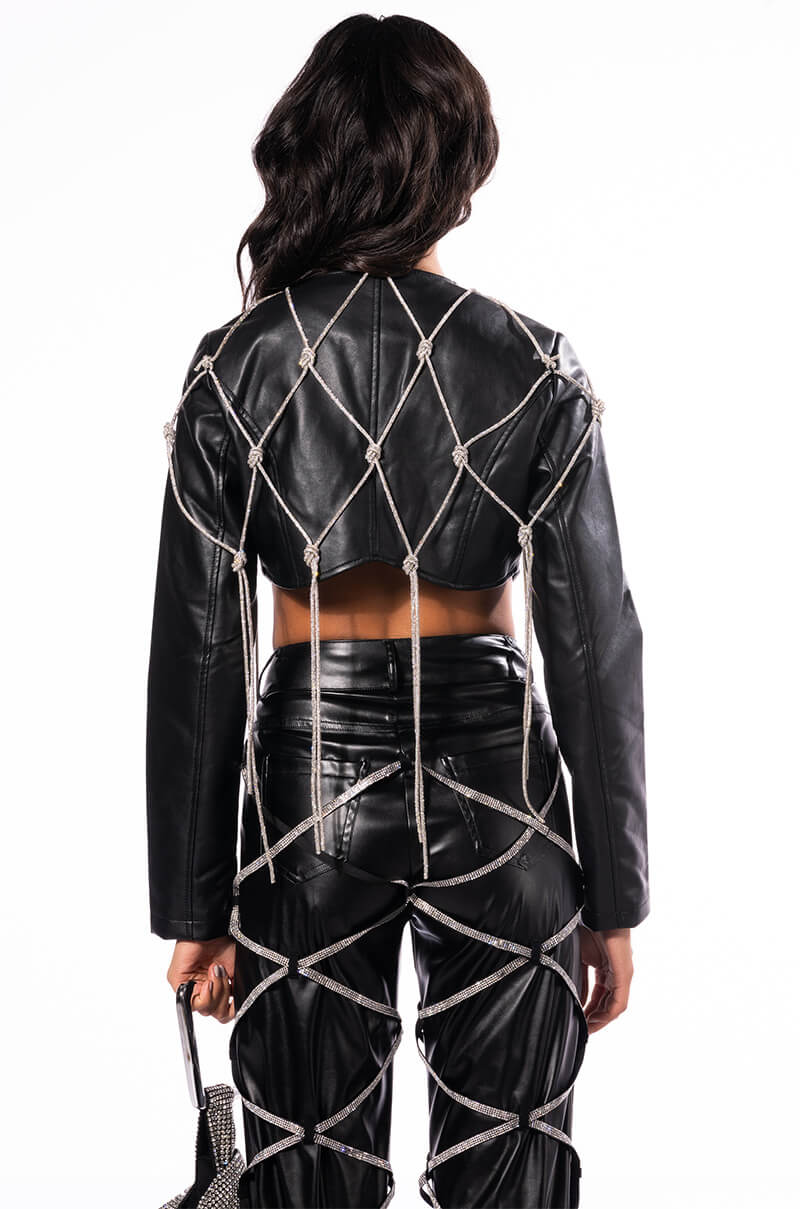 ULTRA CROP WHITE PU JACKET WITH RHINESTONES