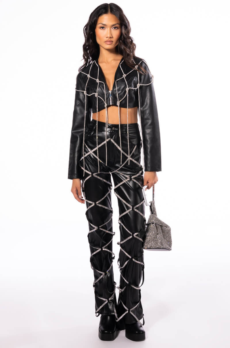 ULTRA CROP WHITE PU JACKET WITH RHINESTONES