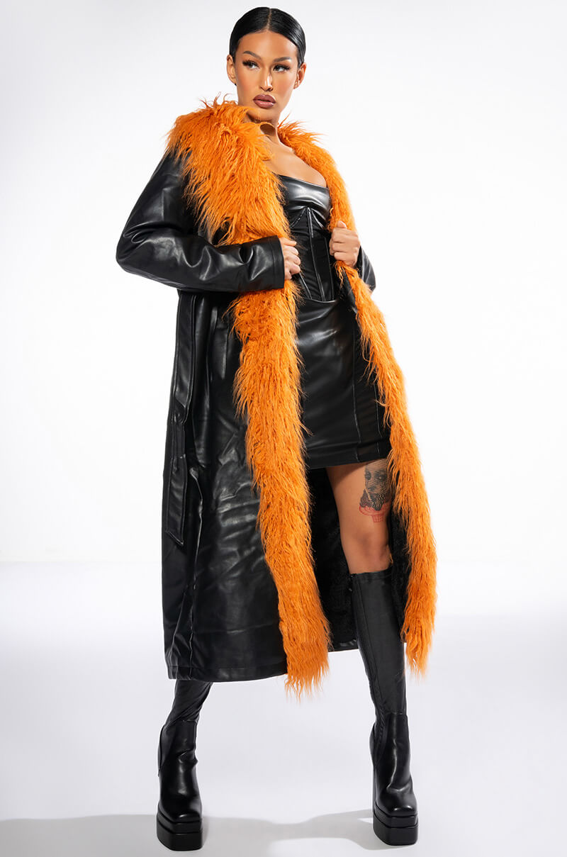 AZALEA WANG YAZ PLEATHER TRENCH WITH FAUX FUR